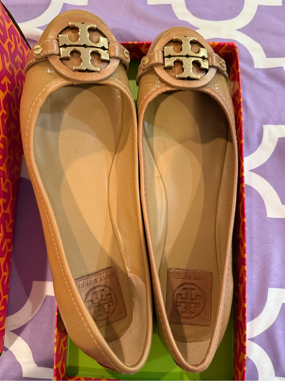 Tory Burch Women’s Tan Leather Logo Ballet Flats s